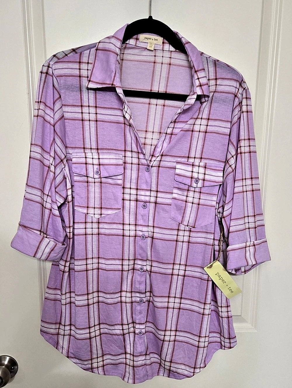 paper + tee Plaid Button Down Shirt in Purple & Pink Size 2X NWT
